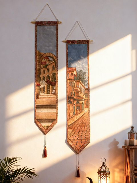 Islamischer Wandbehang Ramadan Tapisserie mit Mond- und Stadtmotiven in Multicolour im Boho-Stil mit Quasten - Bild 1
