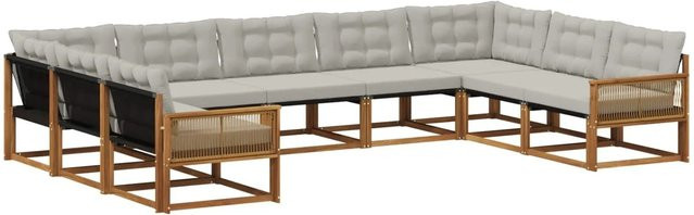 vidaXL Outdoor-Sofagarnitur L-Form aus massivem Akazienholz mit 9 Textilene-Kissen in Beige und Grau - Bild 1