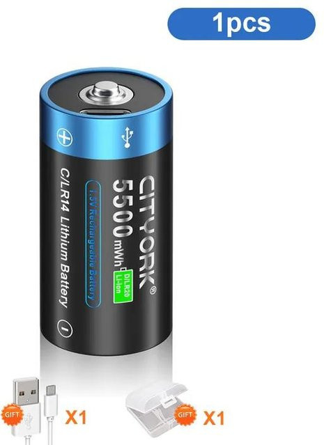 CITYORK Wiederaufladbare C-Batterie Typ C USB-Laden Li-Ionen Akku 1,5V Blau 5500 mAh - Bild 1