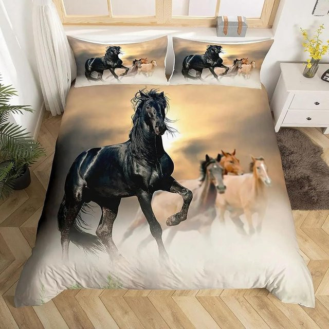 Mädchen Pferde Bettwäsche Set mit Kissenbezügen und Reißverschluss, Cartoon Kinder Bettwäsche für Jungen, B/H: 200 x 200 cm, 3-teilig - Bild 1