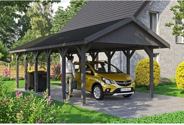 Skan Holz Carport Wallgau Satteldach aus Nadelholz in Schiefergrau mit schwarzen Dachschindeln B: 430 cm, T: 900 cm, H: 326 cm - Bild 1
