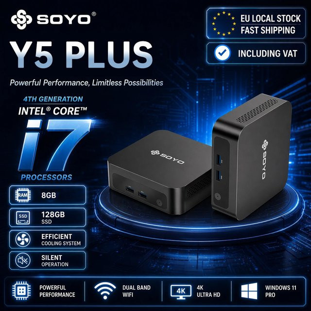 SOYO Y5 Plus Mini-PC mit Intel Core i7 Prozessor, 8GB RAM, 128GB SSD, Windows 11 Pro, Bluetooth und Wi-Fi, Schwarz - Bild 1