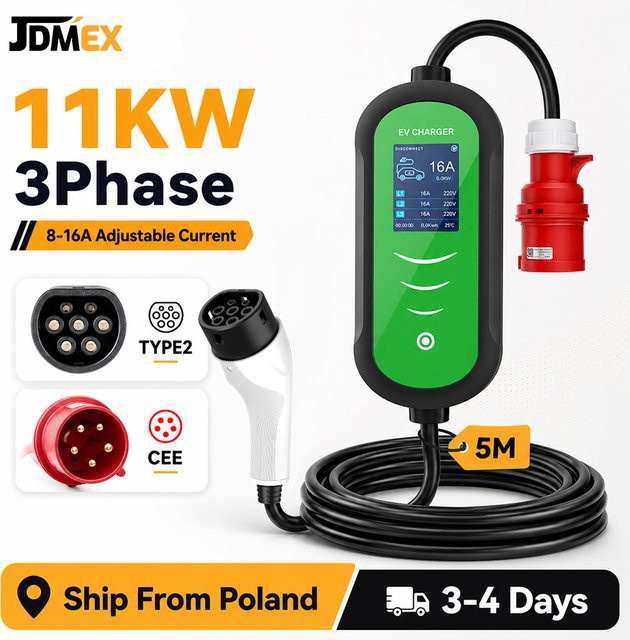 JDMEX Tragbares EV-Ladegerät Typ 2 mit 5m Kabel, 11kW, 16A, 3-Phasen, IEC62196-2 EVSE Ladebox mit einstellbarem Strom und CEE-Stecker - Bild 1