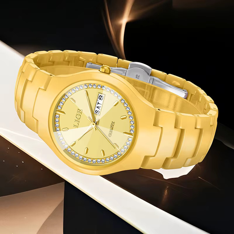 LIGE Armbanduhr Keramik, Gold, Quarz, Damen, Wochentag, Datum - Bild 2