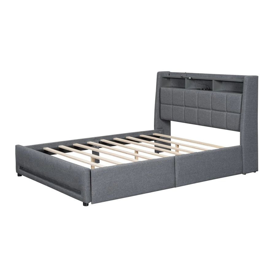 okwish Polsterbett Grau mit LED-Beleuchtung, USB-Anschluss und Schubladen, B/T/H: 140 x 200 x 153 cm - Bild 2