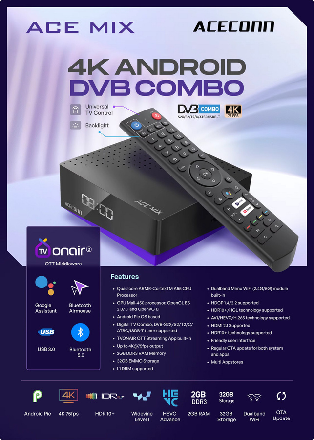 ACECONN Android IPTV Box TVONAIR3 Satellitenempfänger mit 32GB Speicher, 4K UHD, DVB-S2/T2/C, Dual WiFi und Bluetooth in Schwarz - Bild 3