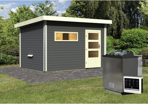 KARIBU Saunahaus in Grau mit 9 kW Bio-Kombi-Ofen und digitaler Steuerung, B/T/H: 396 x 231 x 227 cm - Bild 1