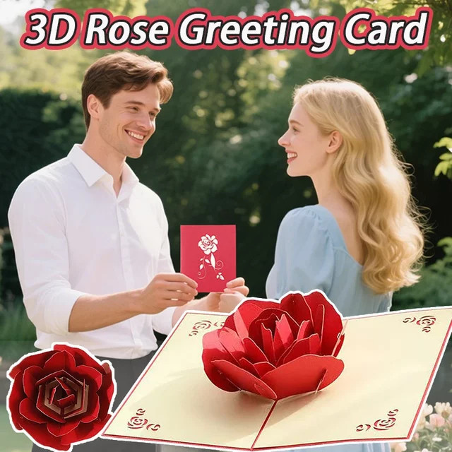 3D-Grußkarte in Roségold und Rot mit Umschlag für Valentinstag und romantische Anlässe - Bild 1