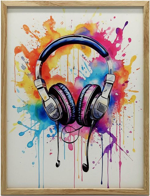 Musik der Farben: Kopfhörer Kunstdruck in Aquarelltechnik, Multicolor, B/H: 30 x 40 cm, mit hellem Eichenholzrahmen und mattem Papier - Bild 1