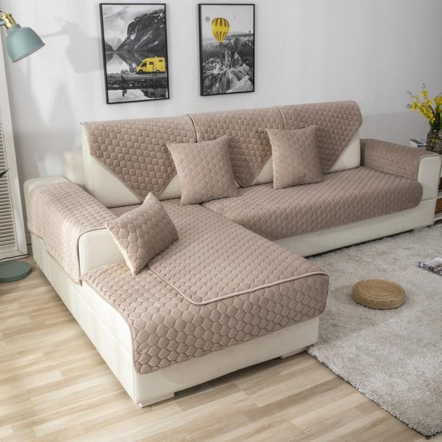 Rutschfester Sofabezug aus Flanell und Plüschsamt in Beige, gestepptes Ecksofa-Schonbezug von Your Warm Home, Breite: 90 cm, Tiefe: 90 cm - Bild 1