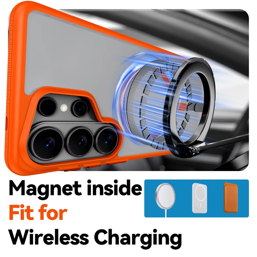 MagSafe Matte Handyhülle für Samsung Galaxy S26 Ultra Plus mit weichem TPU-Bumper und harter PC-Rückseite, magnetisch und durchscheinend, Schwarz/Transparent/Orange - Bild 3