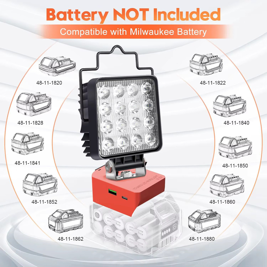 WAAJEA LED Arbeits-Flutlicht mit USB und Typ-C Ladefunktion für Dewalt und Milwaukee Akkus, Schwarz - Bild 3
