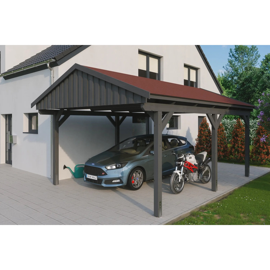 Skan Holz Carport Fichtelberg aus Fichte Leimholz in Grau mit spitzer Dachform und Dachschindeln, B/T: 423 x 566 cm, Höhe: 326 cm - Bild 2