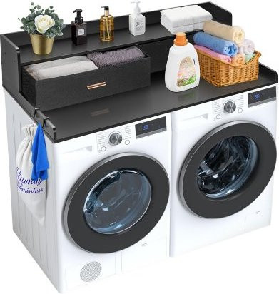 VEVOR Arbeitsplatte für Waschmaschine und Trockner mit 2 Schubladen und 2-stufigem Regal aus Holz in Schwarz, B/T/H: 137 x 70 x 30,5 cm - Bild 1
