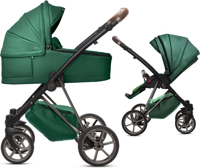 TPFLiving 2in1 Kinderwagen Royal aus Kunstleder in Grün mit Gestell in Space Grau - Bild 1
