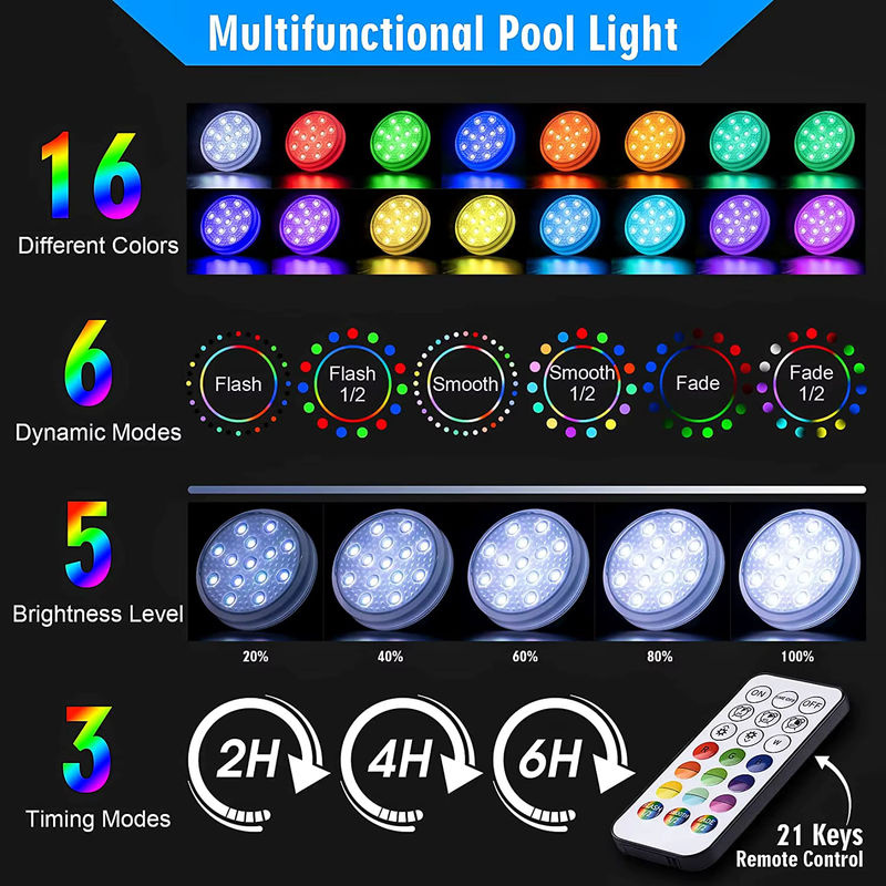 AMARYLLIS Wiederaufladbare LED Unterwasser-Tauchbeckenleuchten mit Fernbedienung, IP68 wasserdicht, farbwechselnde RGB Schwimmleuchten für Whirlpool-Bäder, Multicolor/Transparent - Bild 4