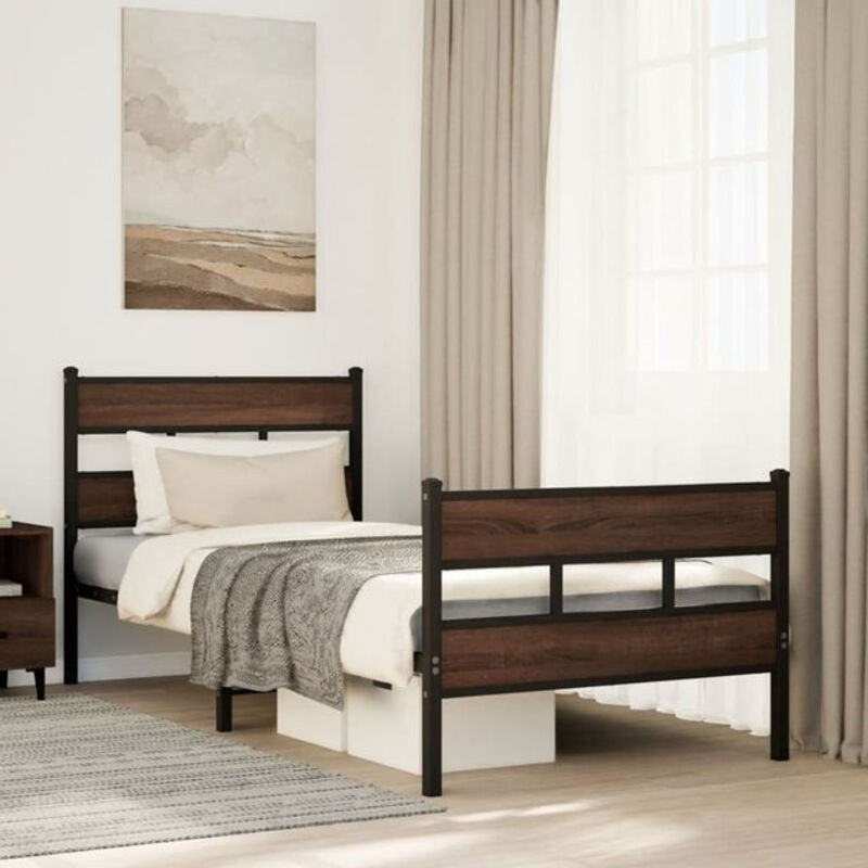 vidaxl Metallbett im Industrial-Stil mit Kopf- und Fußteil, Braun/Nussbaum, B/T/H: 190 x 75 x 91,5 cm - Bild 1