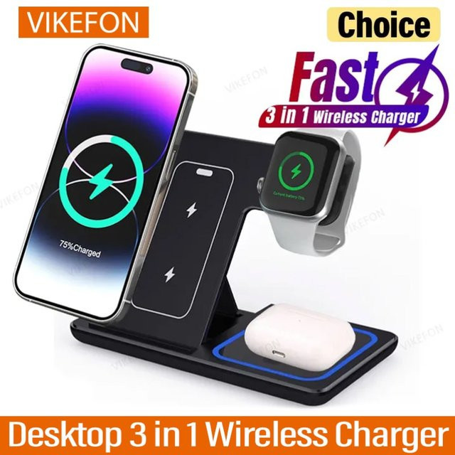 VIKEFON 3-in-1 Kabelloses Desktop-Ladegerät Schwarz – Faltbare Schnelle Ladestation für iPhone 12-17, Apple Watch und AirPods - Bild 1