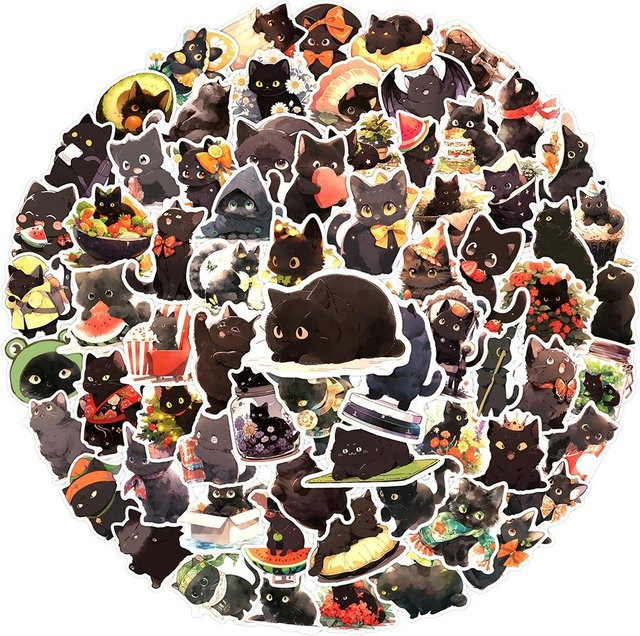 Binchi Outdoor Product Schwarze Katze Aufkleber Set aus wasserfestem Vinyl für Laptop, Handyhülle und Scrapbooking, 100 Stück - Bild 1