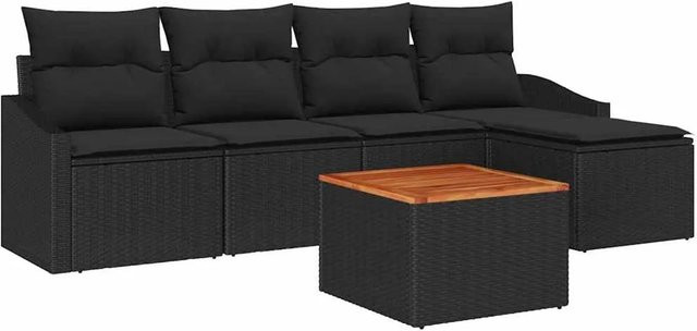 vidaXL Garten-Sofa-Set aus Polyrattan in Schwarz, 6-teilige L-Shape Lounge-Garnitur mit Kissen, 2-Sitzer-Sofa, Sesseln, Ottoman und Couchtisch - Bild 1