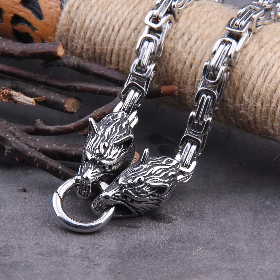 Vikings Jewelry Halskette Edelstahl, Wolfskopf, Thor Hammer Mjolnir, Unisex - Bild 3