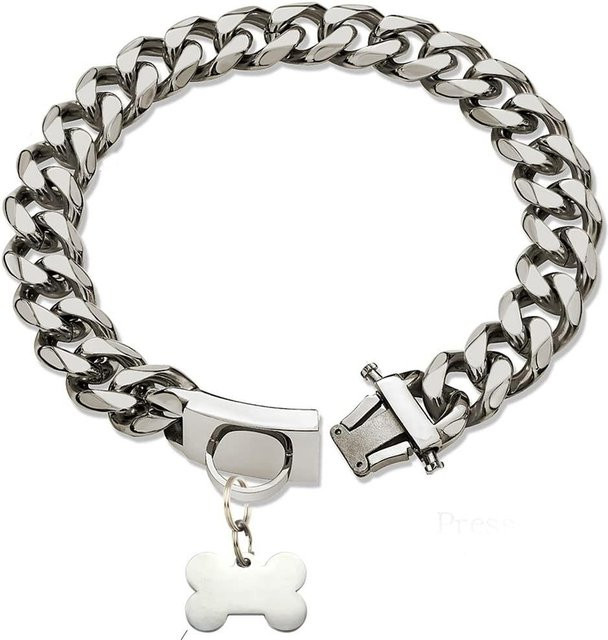 Hundehalsband Edelstahl, Kubanische Gliederkette, Knochen-ID-Anhänger, 35 cm - Bild 1