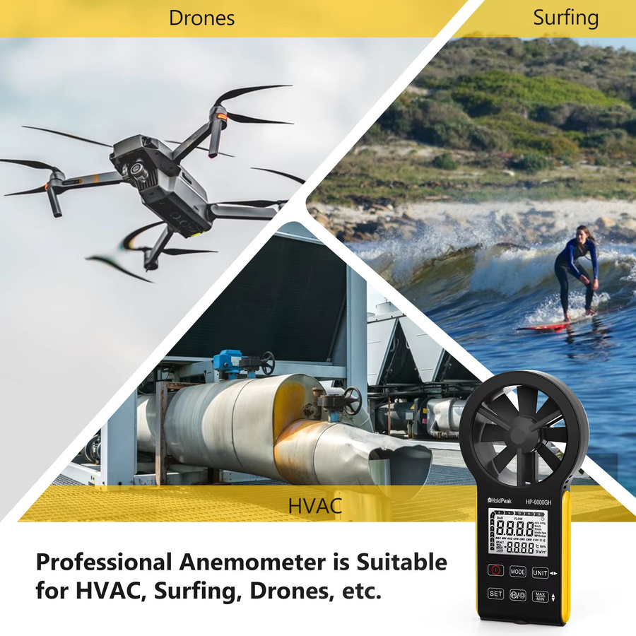 HoldPeak Digitales Anemometer mit Temperatur- und Luftstrommessung, IP67 wasserdicht, mit Hintergrundbeleuchtung und Typ-C-Aufladung - Bild 6