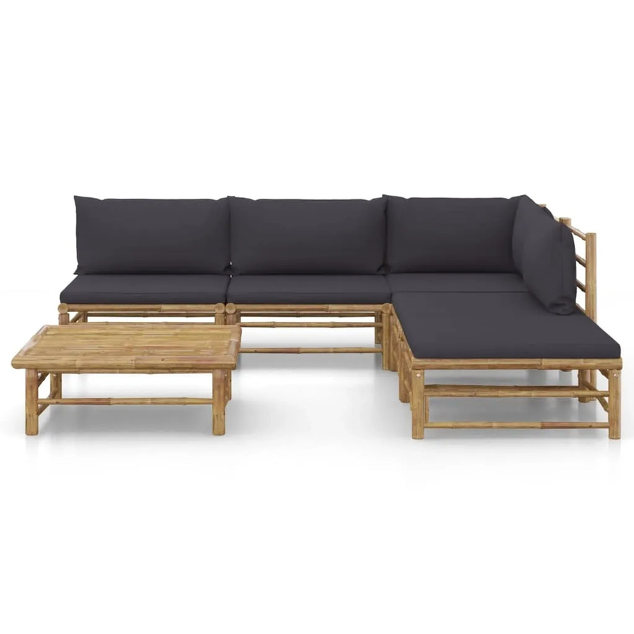 vidaXL 6-tlg Garten-Lounge-Set aus Bambus mit grauen Polstern und Ottoman in L-Form - Bild 2