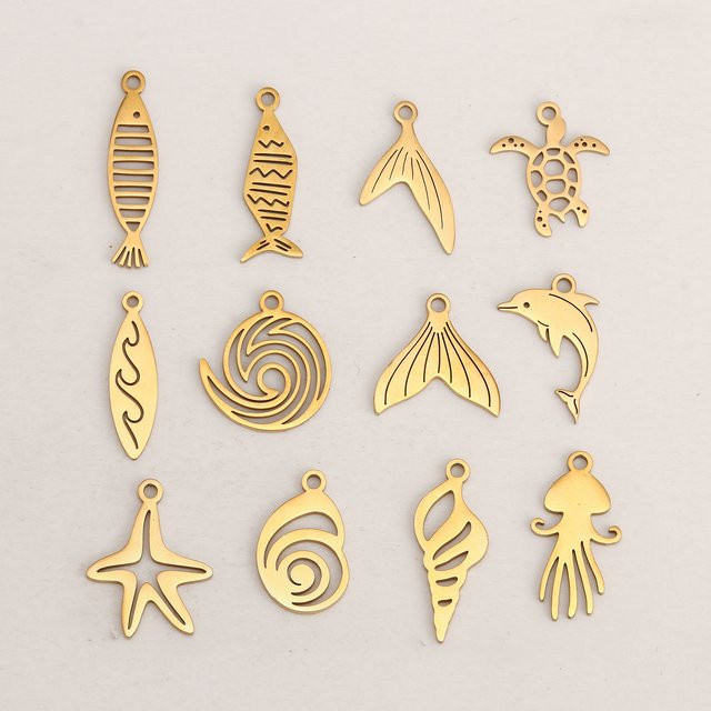 5 Stück Charms Ozean Fisch/Welle/Fischschwanz, Edelstahl, Gold, Unisex - Bild 1