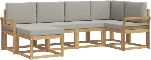 vidaXL Outdoor-Sofagarnitur 6-teilig in L-Form aus Akazienholz mit Polstern in Weiß und Hellgrau - Bild 1