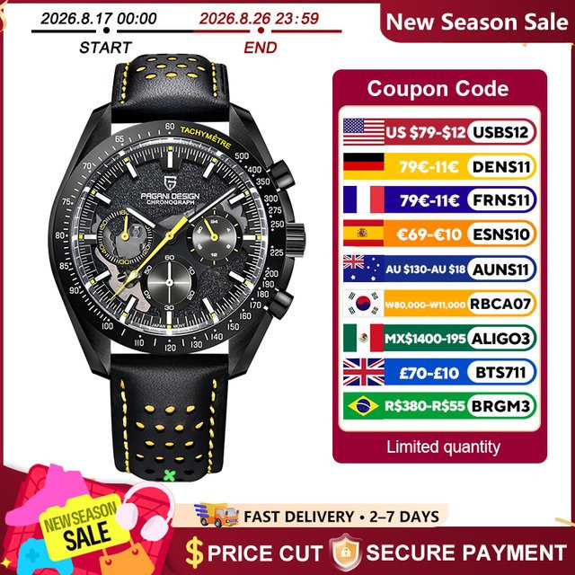 PAGANI DESIGN Chronograph Armbanduhr, Quarz, Edelstahl, Leder, Schwarz, Herren - Bild 1
