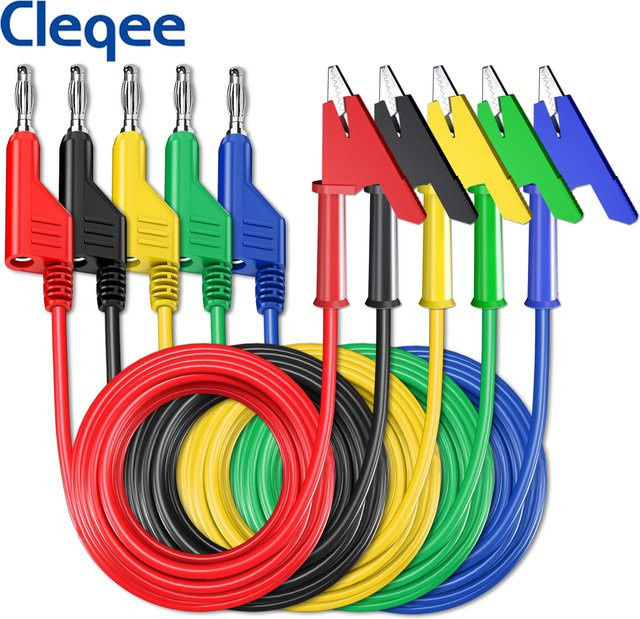 Cleqee P1037 Messleitungen Set mit 5 stapelbaren 4 mm Bananensteckern und Krokodilklemmen aus weichem PVC - Bild 1