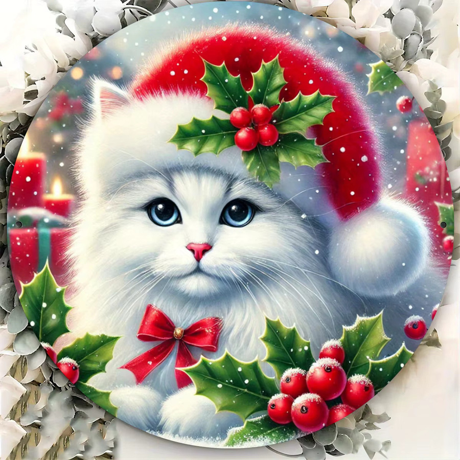Rundes Weihnachtsschild aus Metall von Potdemiel mit Katze und Stechpalme in Weiß, Vintage-Wanddekoration, Durchmesser: 20 cm - Bild 4