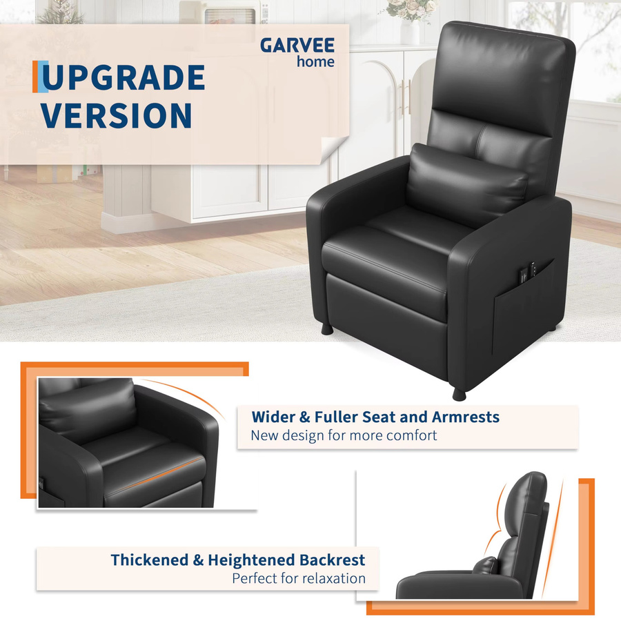 Garvee Elektrischer Massagesessel in Schwarz mit Liegefunktion, Wärmefunktion und Lendenstütze, TV-Sessel aus Kunstleder mit USB-Anschluss und Seitentasche - Bild 8