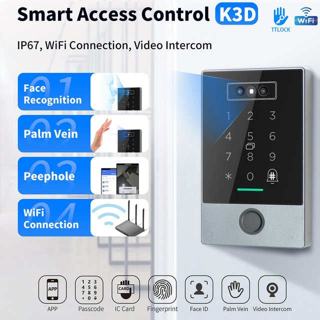 LUCKING DOOR K3D TTLOCK WiFi Video Türklingel mit Gegensprechanlage, IP67 wasserdicht, Gesichtserkennung, Fingerabdruck, RFID-Karte, Palm-Scan und PIN Zugangskontrolle - Bild 1