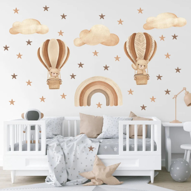 Kingsmile Wandaufkleber Boho Bär mit Heißluftballon, Regenbogen, Sternen und Wolken für das Kinderzimmer, Mehrfarbig - Bild 1