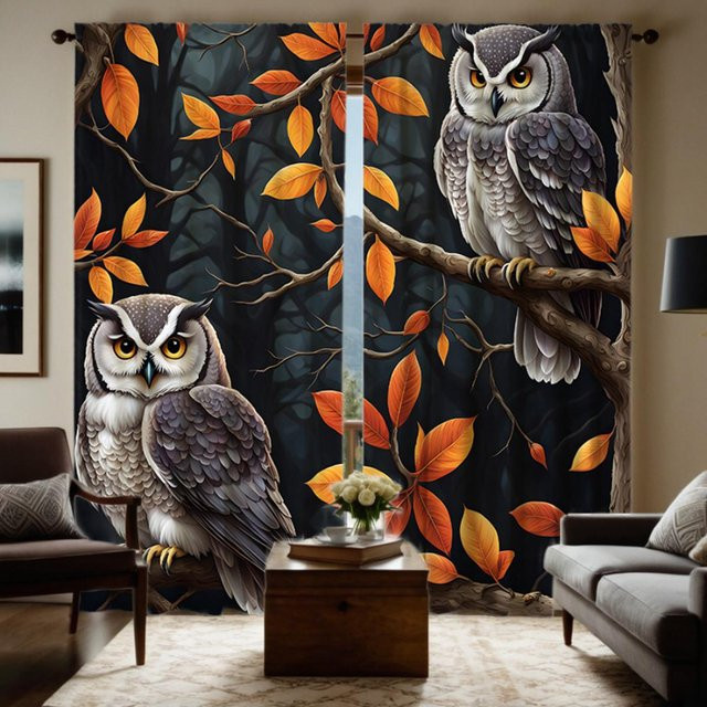 2er-Set dekorative Vorhänge mit Eulen- und Ahornbaum-Motiv, digitaler Druck, Schwarz/Mehrfarbig, B: 132 cm, H: 241 cm - Bild 1