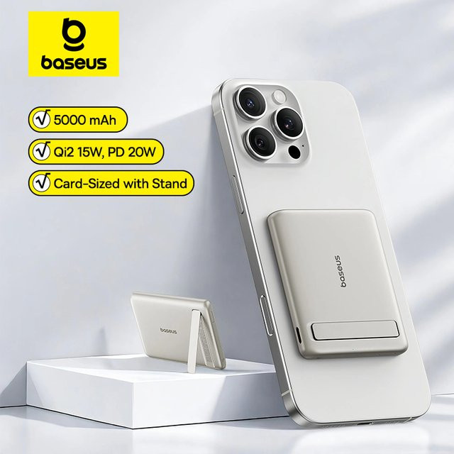 Baseus Qi2 Magnetische Powerbank mit Kickstand, 5000mAh, PD 20W, kabelloses Schnellladen für iPhone, Samsung und Xiaomi, Schwarz/Silber - Bild 1