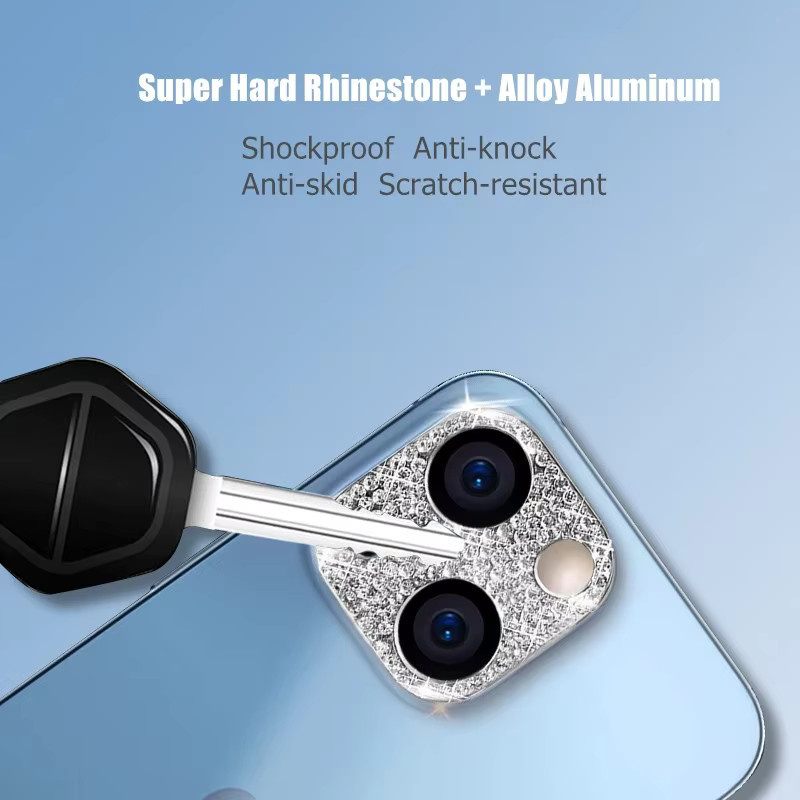 Glitzer-Diamant Kameraobjektiv-Schutzhülle und Metall-Displayschutzfolie für Apple iPhone in Pink - Bild 4