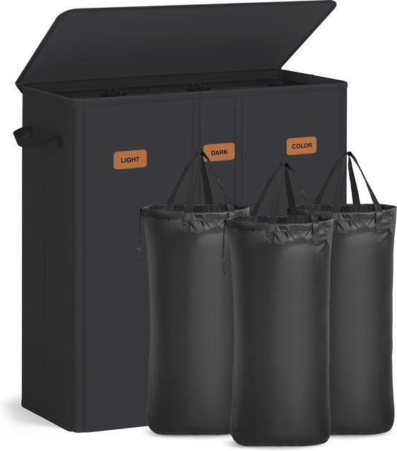 SONGMICS Wäschekorb mit 3 Fächern und Deckel in Schwarz, 160 L, mit herausnehmbaren und waschbaren Innensäcken und 5 Etiketten - Bild 1