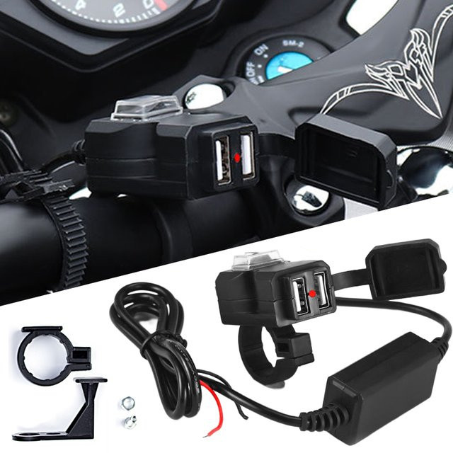 Wasserdichtes Dual USB Ladegerät für Motorrad Lenker mit 5V 1A/2,1A Adapter Netzteil Buchse in Schwarz für 12V-24V - Bild 1