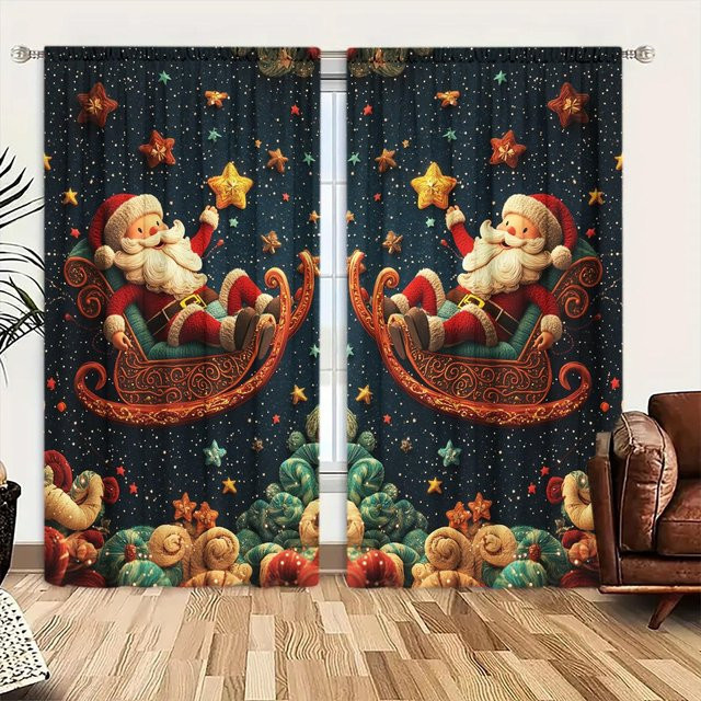 2er-Set Weihnachtsmann mit Schlitten bedruckte Vorhänge in Braun für deine Weihnachtsdekoration, Breite: 52,5 cm, Höhe: 116 cm - Bild 1