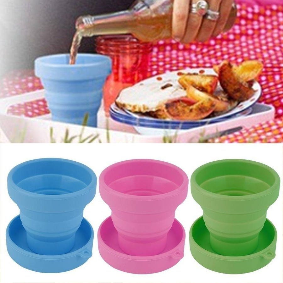 Tragbarer einziehbarer Klappbecher aus Silikon mit Deckel für Reise und Camping in Rosa - Bild 3