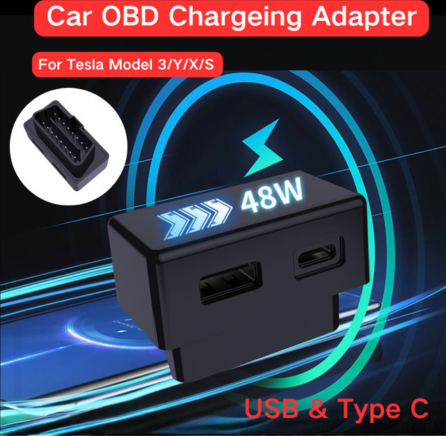 Premium OBD2-Ladegerät-Hub für Tesla Model 3, Y, X und S mit USB und Typ-C Dual-Splitter in Schwarz - Bild 1