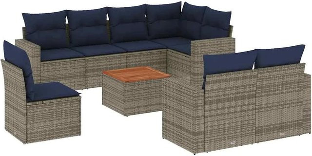 vidaXL 9-tlg Garten-Sofagarnitur in L-Form aus grauem Poly-Rattan mit Kissen und pulverbeschichtetem Stahlgestell - Bild 1