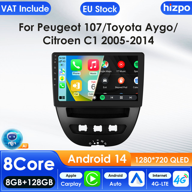 Hizpo Autoradio mit CarPlay und Android Auto für Peugeot 107, Citroen C1 und Toyota Aygo inklusive GPS und WIFI in Schwarz - Bild 1