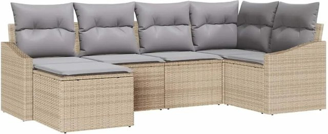 vidaXL Garten-Sofa-Set 6-teilig aus Poly-Rattan in Beige mit Ottomane und Kissen für Terrasse und Garten - Bild 1