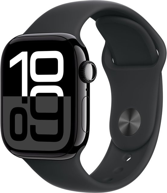 Apple Watch Series 10 GPS + Cellular, 42 mm Aluminiumgehäuse in Diamantschwarz mit schwarzem Sportarmband - Bild 1