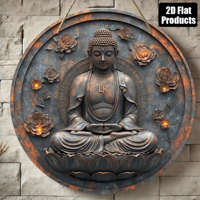 HELLOYOUNG Buddha Metall-Wandkunst 2D-Metallschild im orientalischen Design, B/H: 20,3 x 20,3 cm - Bild 1