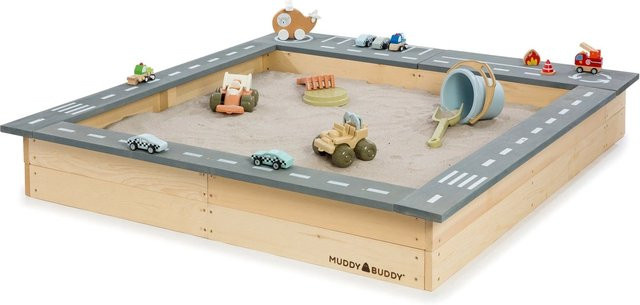 Muddy Buddy Sandkasten Highway Hero aus Zypressenholz mit Spielstraße und Staufächern in Natur Lavagrau - Bild 1